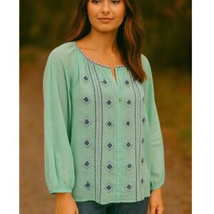 Tory Burch SZ 10 Lucille Seafoam Green Beaded Split Neck Blouse Cotton Linen